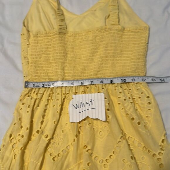 Japna szS bright yellow lined eyelet dress shorter in front elastic back EUC - Picture 11 of 12
